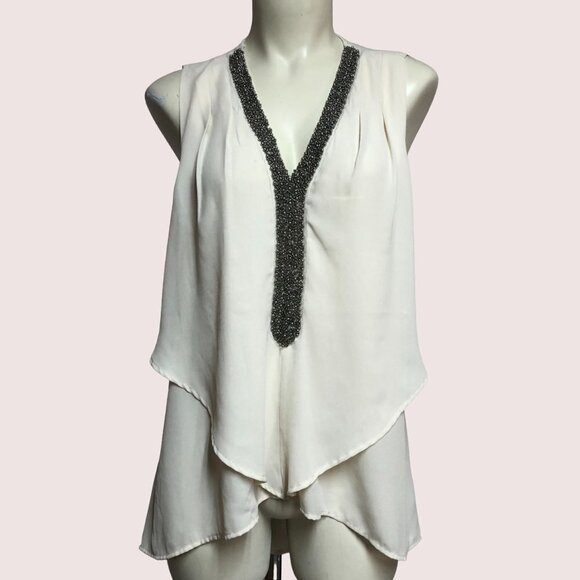Spense Cream Sleeveless Blouse With Beaded Deep V Neckline Size Medium - Picture 1 of 11